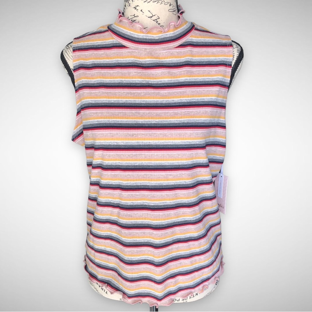 Candies | Rainbow multicolored striped sleeveless shirt mock neck ribbed…